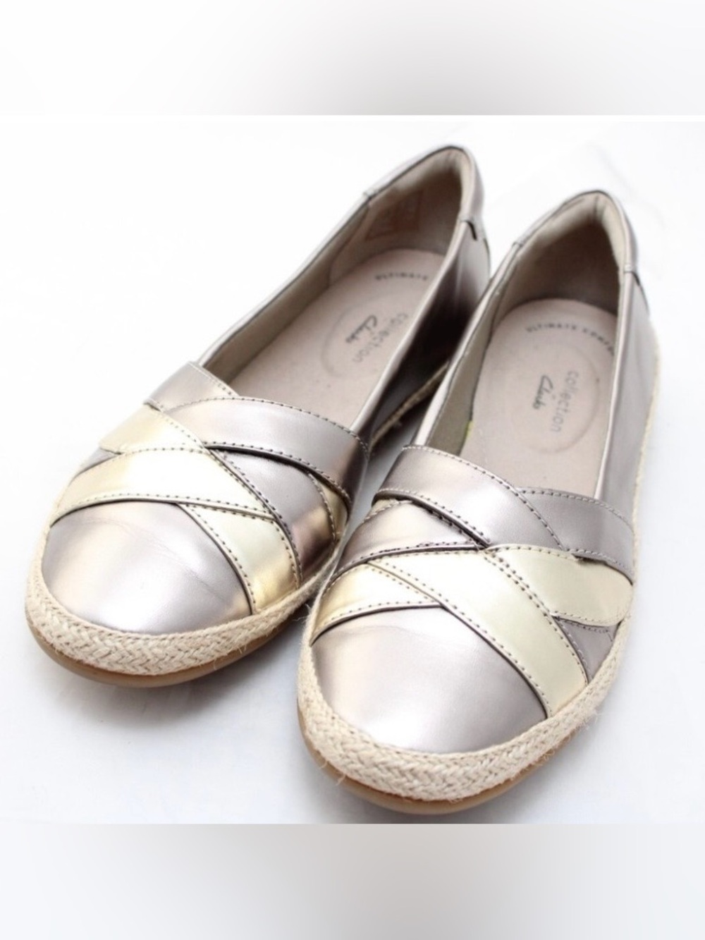 Clarks Danelly Shine Flats Pewter Gold Jute Women 10